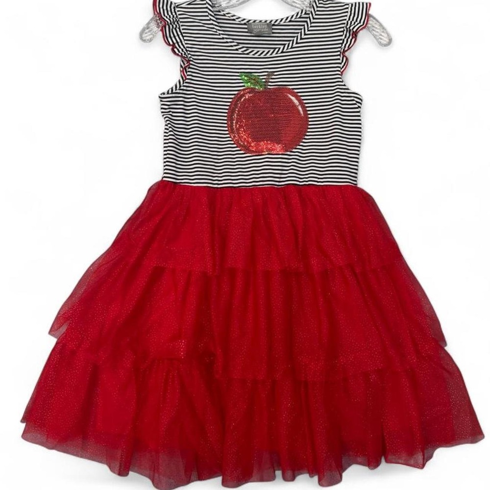 Berkley Jensen Girls Sequin Apple Dress Tiered Red Tulle Skirt Striped Size 12